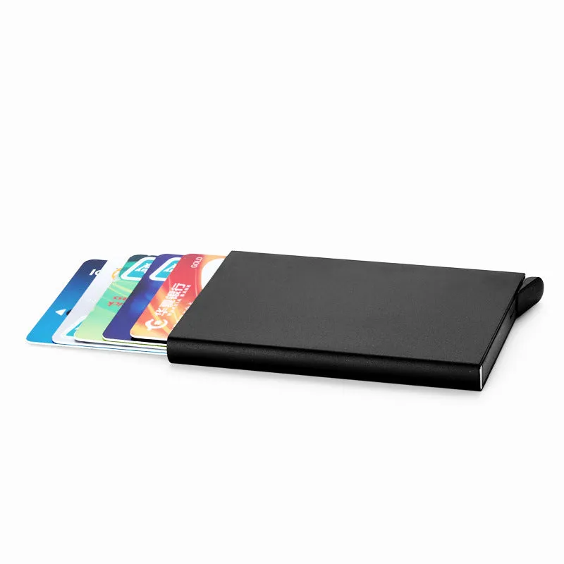 Aluminum geometric business card holder in six colours with stainless steel construction showing compact dimensions