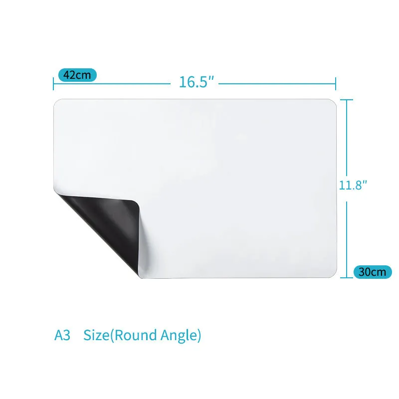 A3 sized soft magnetic whiteboard with rounded corners for sticking to refrigerator doors