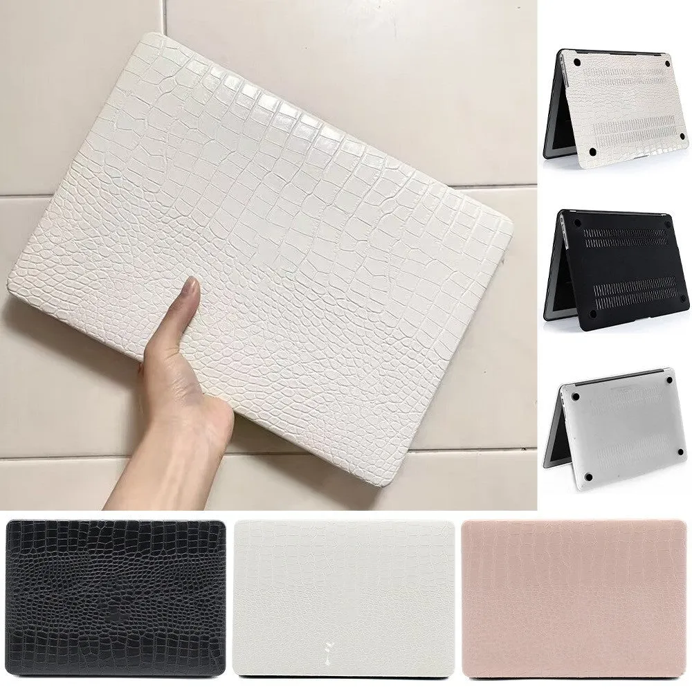 MacBook laptop protective case with leather pattern texture and hollowed-out Apple logo in black colour