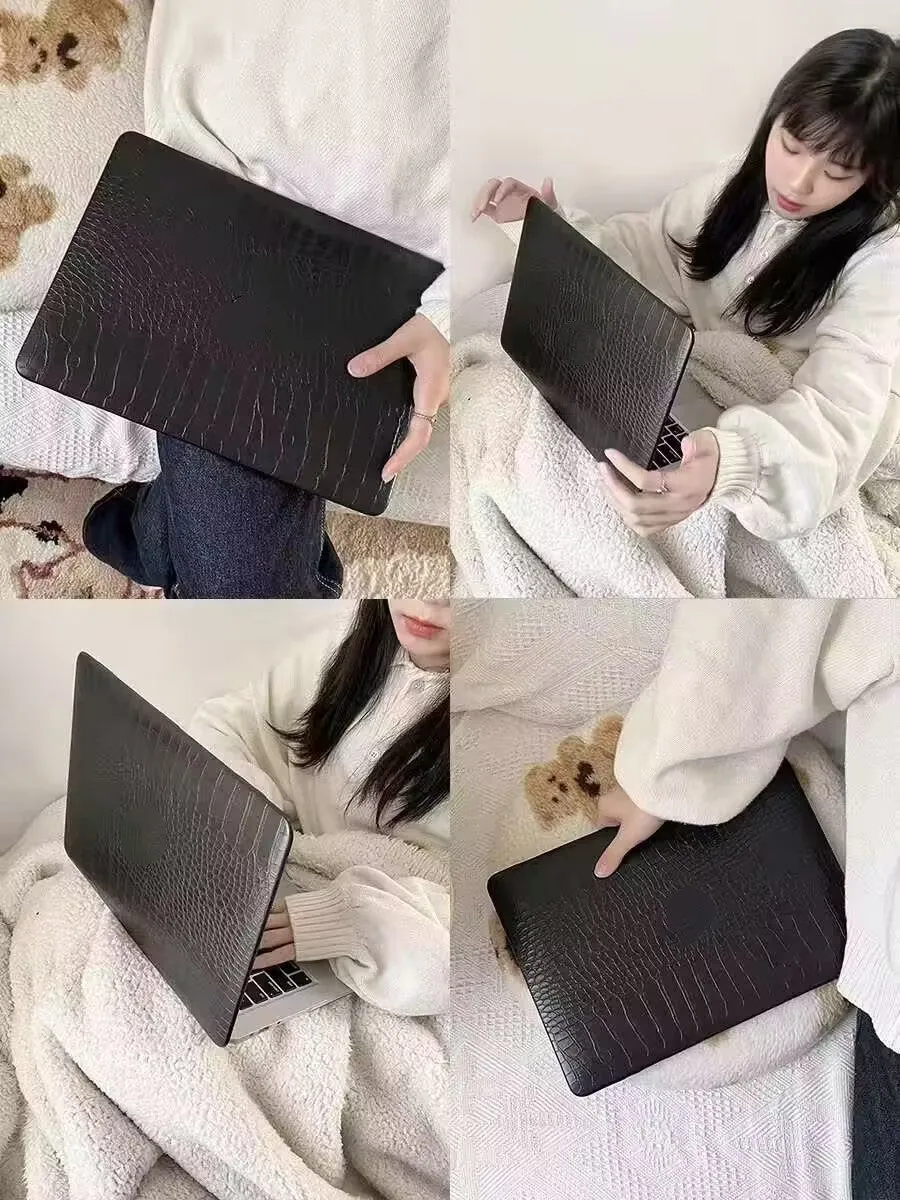MacBook laptop protective case with leather pattern texture and hollowed-out Apple logo in black colour