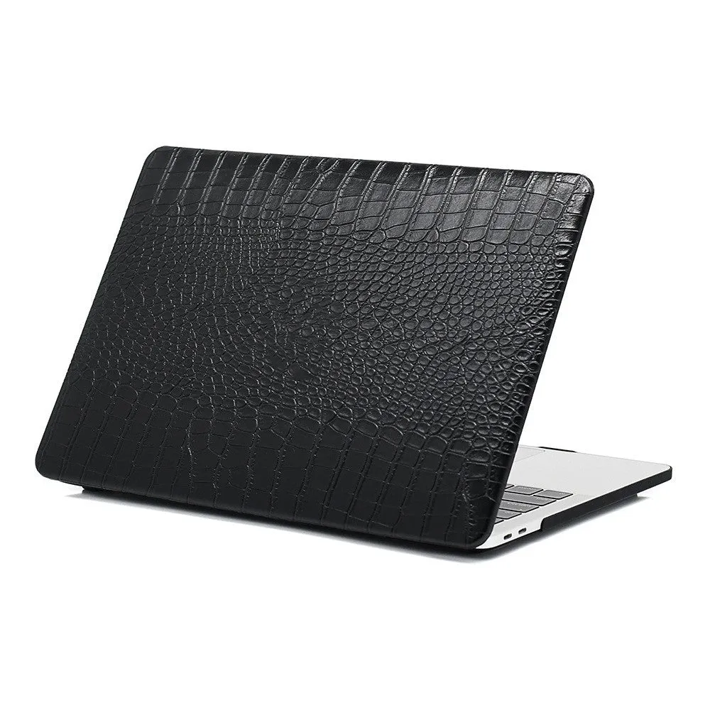 MacBook laptop protective case with leather pattern texture and hollowed-out Apple logo in black colour