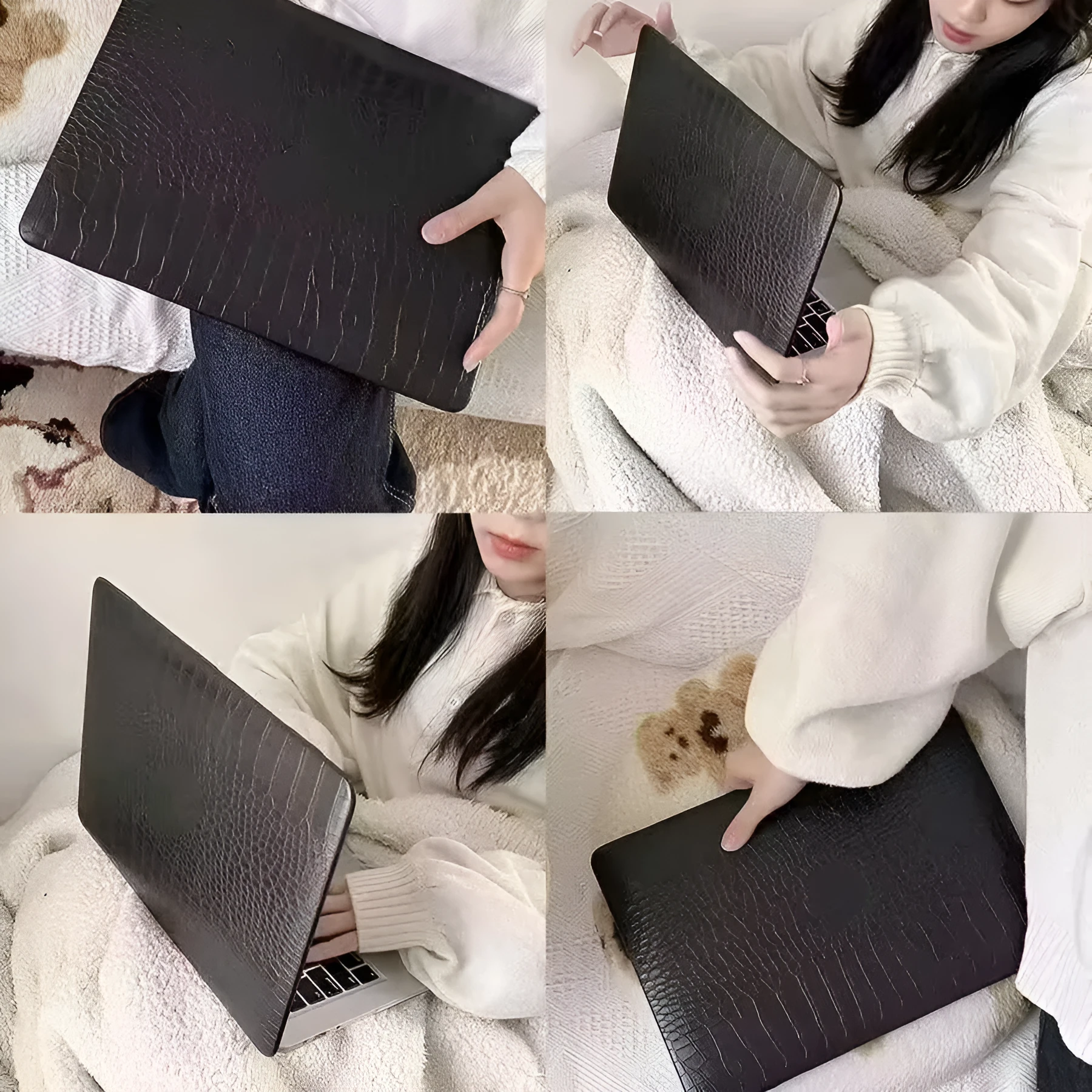 MacBook laptop protective case with leather pattern texture and hollowed-out Apple logo in black colour