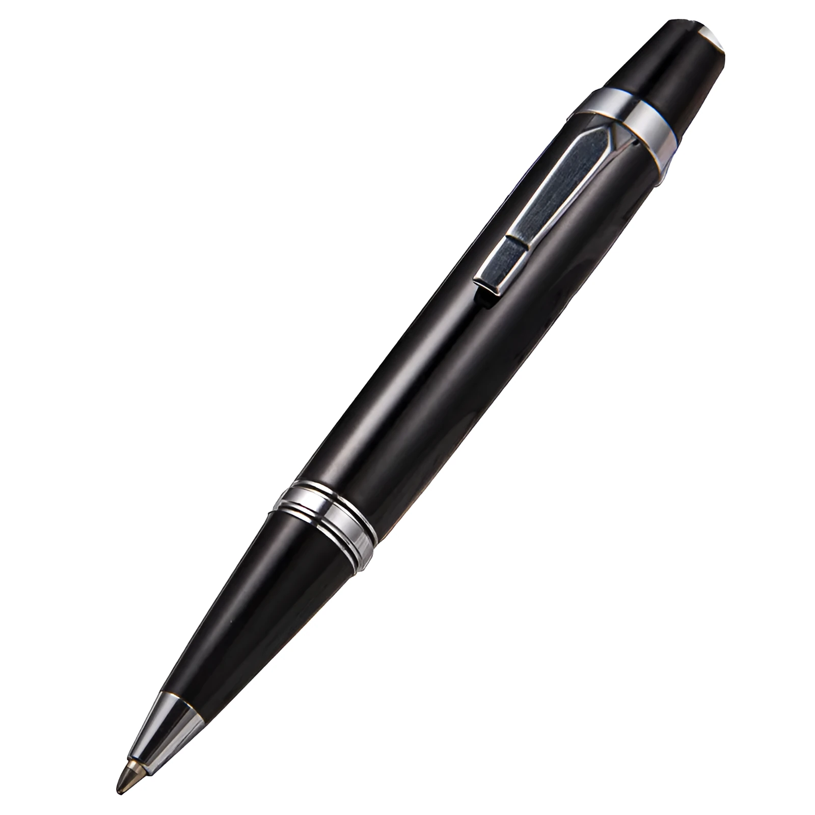 Short mini metal ballpoint pen with rotating mechanism, silver shell, and black ink, 112mm length