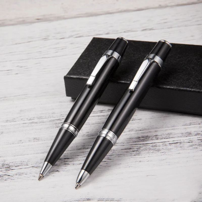 Short mini metal ballpoint pen with rotating mechanism, silver shell, and black ink, 112mm length