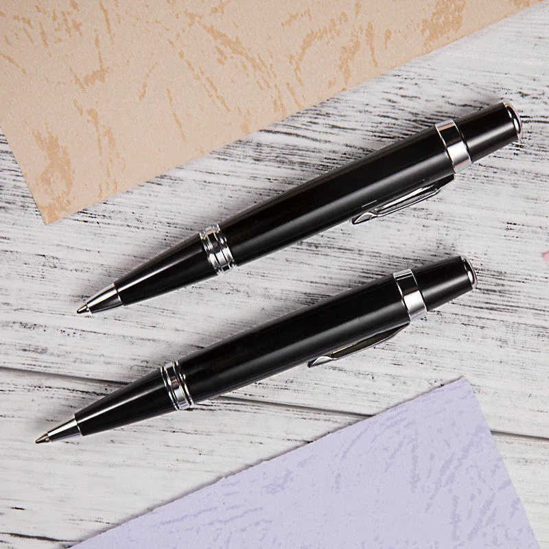 Short mini metal ballpoint pen with rotating mechanism, silver shell, and black ink, 112mm length