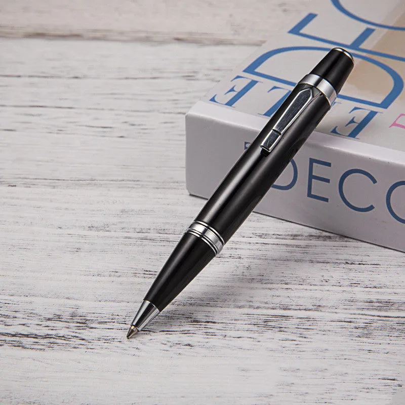 Short mini metal ballpoint pen with rotating mechanism, silver shell, and black ink, 112mm length