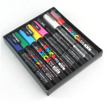 Doodle acrylic marker set with eight coloured refills in plastic case showing 0.9mm fine tip pen
