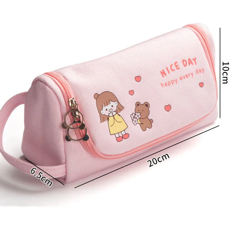 Canvas pencil case in Upgrade Plus size with cute pattern, large capacity for school stationery
