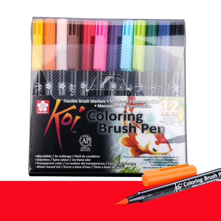Set of water-based watercolour brush markers with soft flexible tips, shown in 12 colour options.
