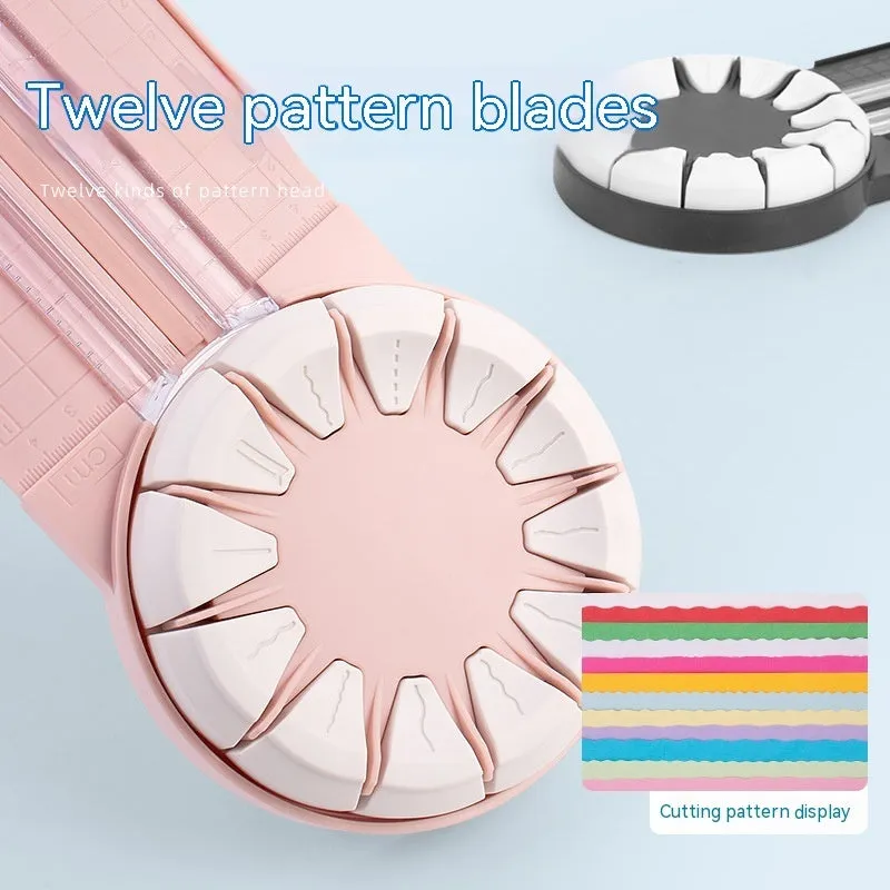 Pink and black 12-in-1 multifunctional plastic paper cutting machine for crafts.
