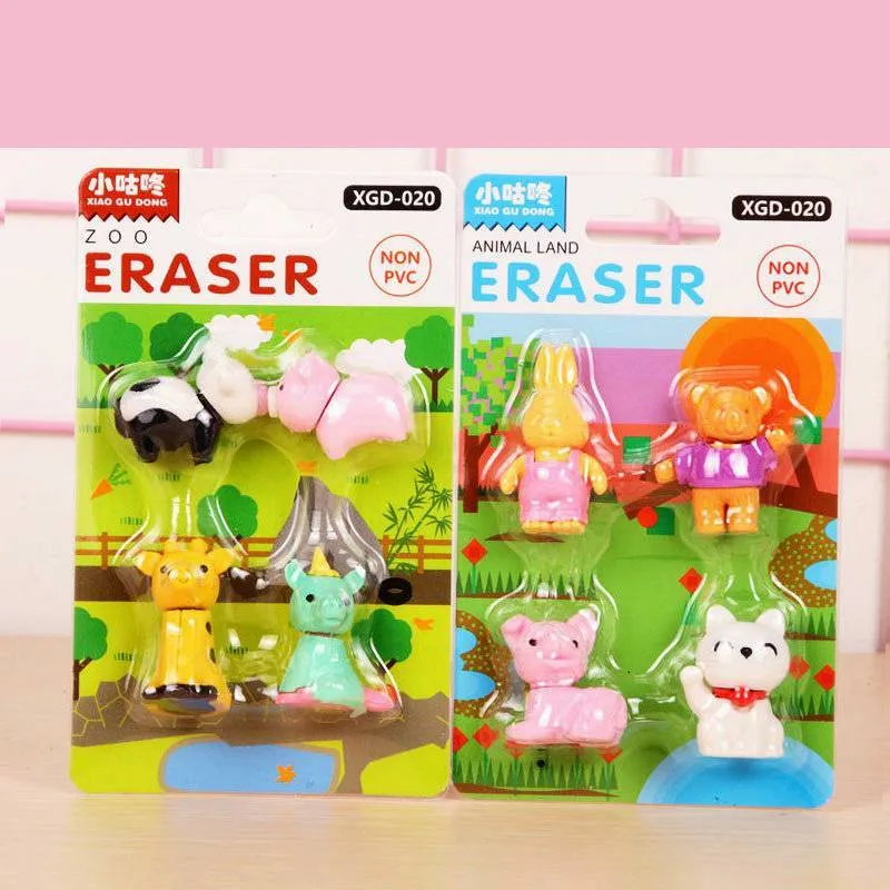 Assorted mini novelty erasers in shapes of cars, animals, food, and fantasy themes on a white background.