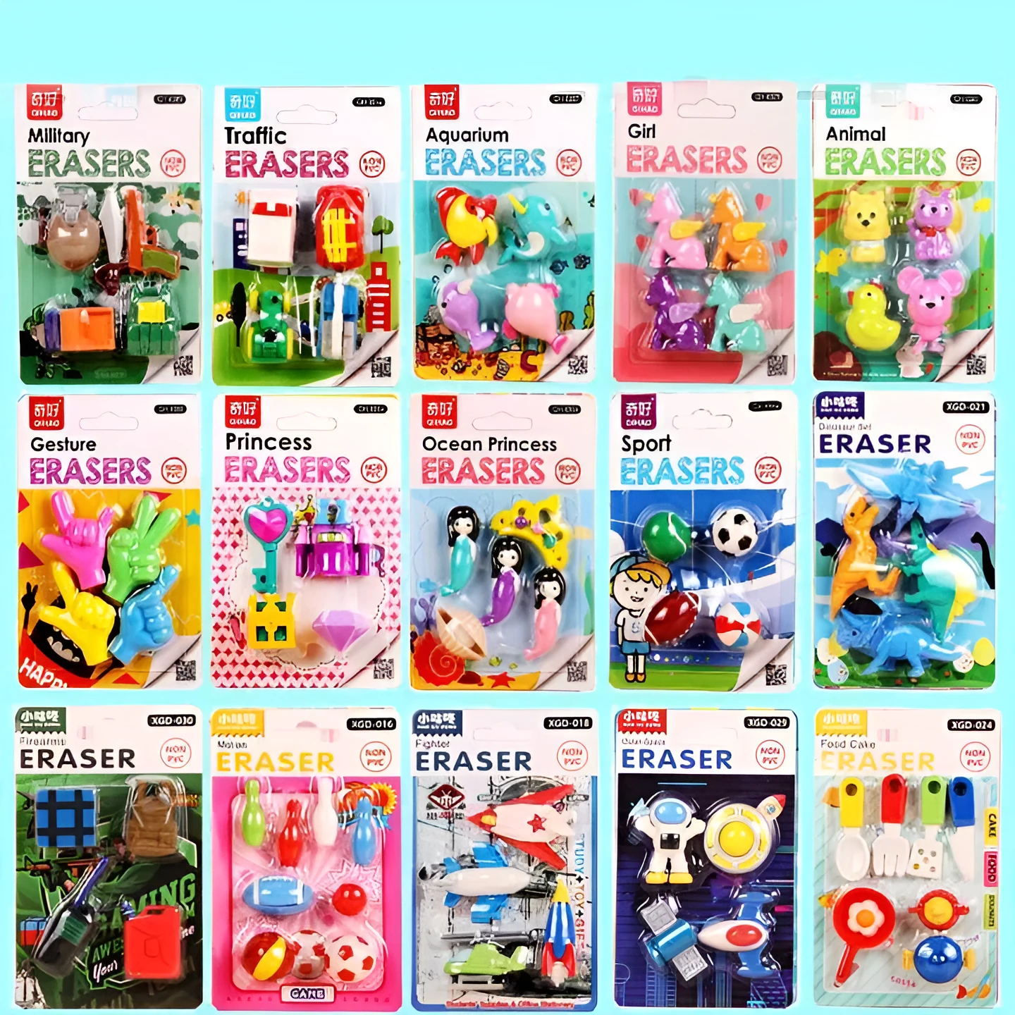Assorted mini novelty erasers in shapes of cars, animals, food, and fantasy themes on a white background.