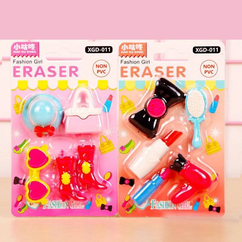 Assorted mini novelty erasers in shapes of cars, animals, food, and fantasy themes on a white background.