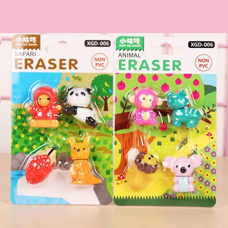 Assorted mini novelty erasers in shapes of cars, animals, food, and fantasy themes on a white background.
