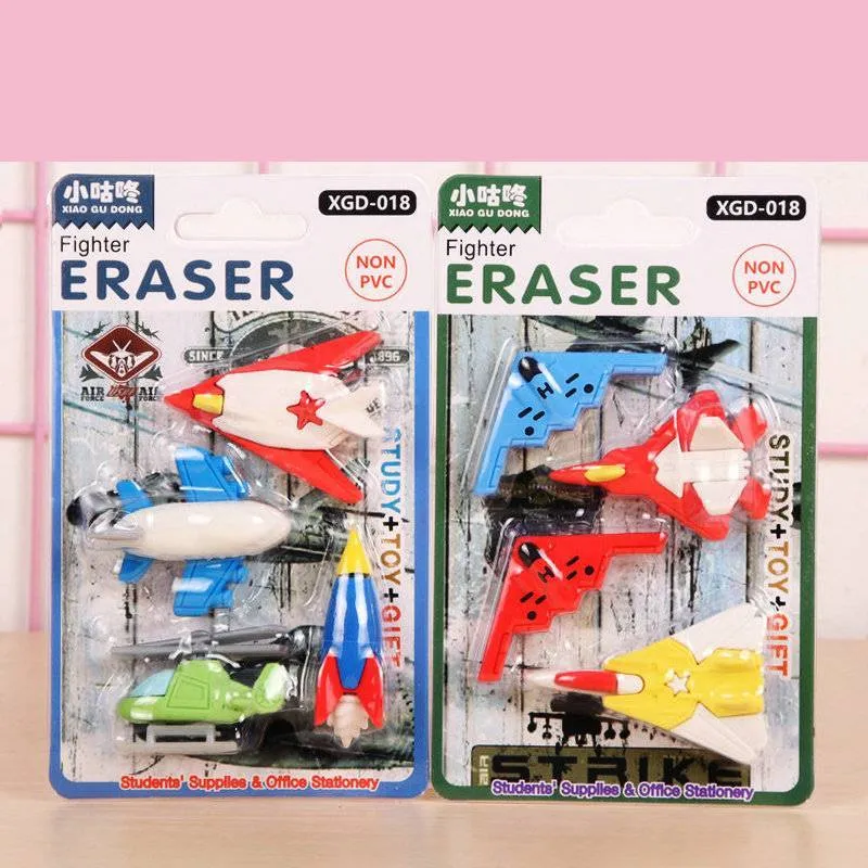 Assorted mini novelty erasers in shapes of cars, animals, food, and fantasy themes on a white background.