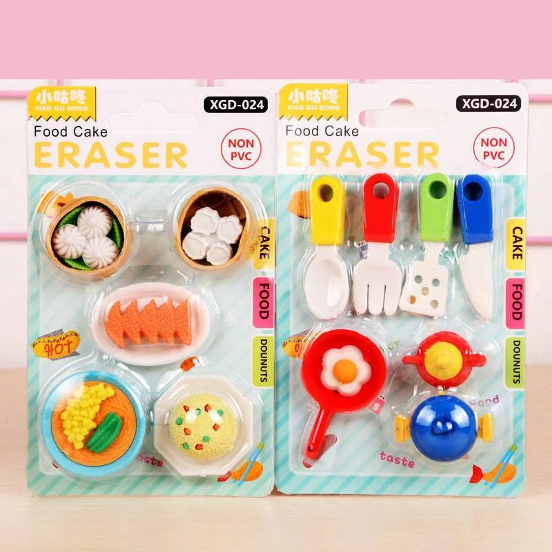 Assorted mini novelty erasers in shapes of cars, animals, food, and fantasy themes on a white background.