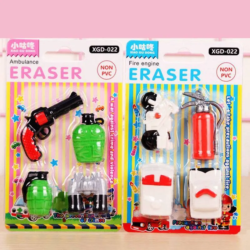 Assorted mini novelty erasers in shapes of cars, animals, food, and fantasy themes on a white background.