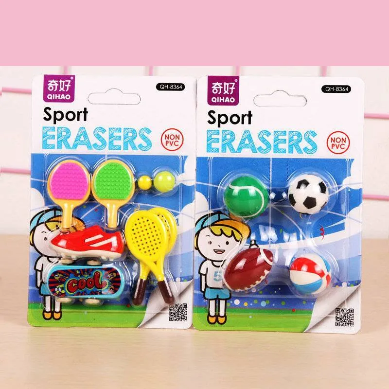 Assorted mini novelty erasers in shapes of cars, animals, food, and fantasy themes on a white background.