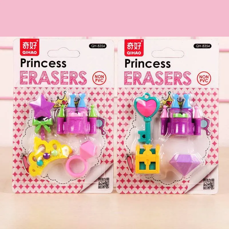 Assorted mini novelty erasers in shapes of cars, animals, food, and fantasy themes on a white background.