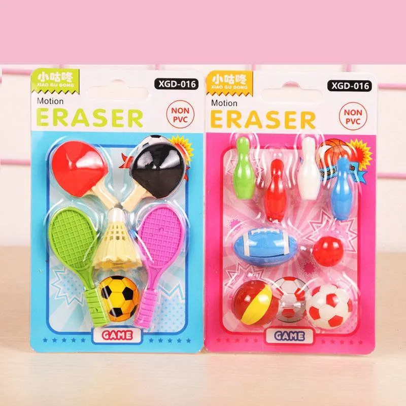 Assorted mini novelty erasers in shapes of cars, animals, food, and fantasy themes on a white background.
