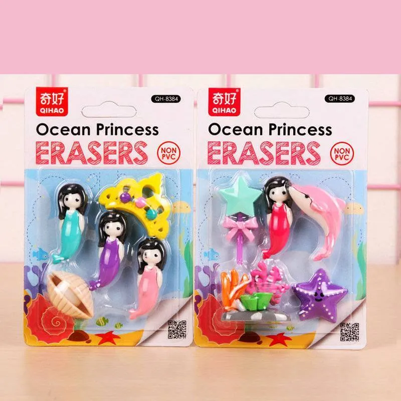 Assorted mini novelty erasers in shapes of cars, animals, food, and fantasy themes on a white background.