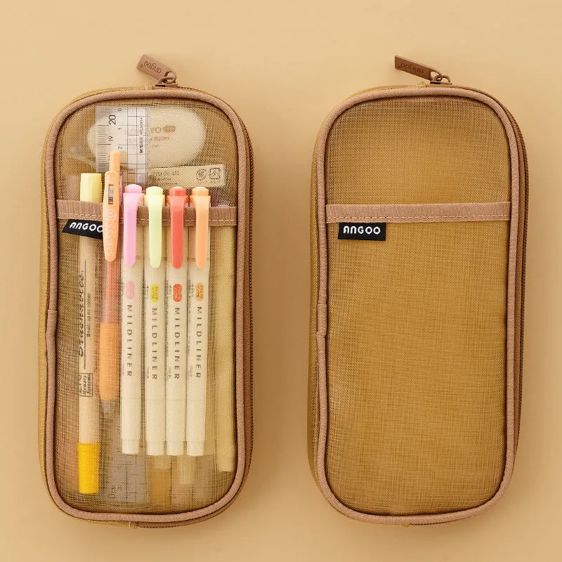 Transparent mesh stationery storage bag in square shape showing four colour options