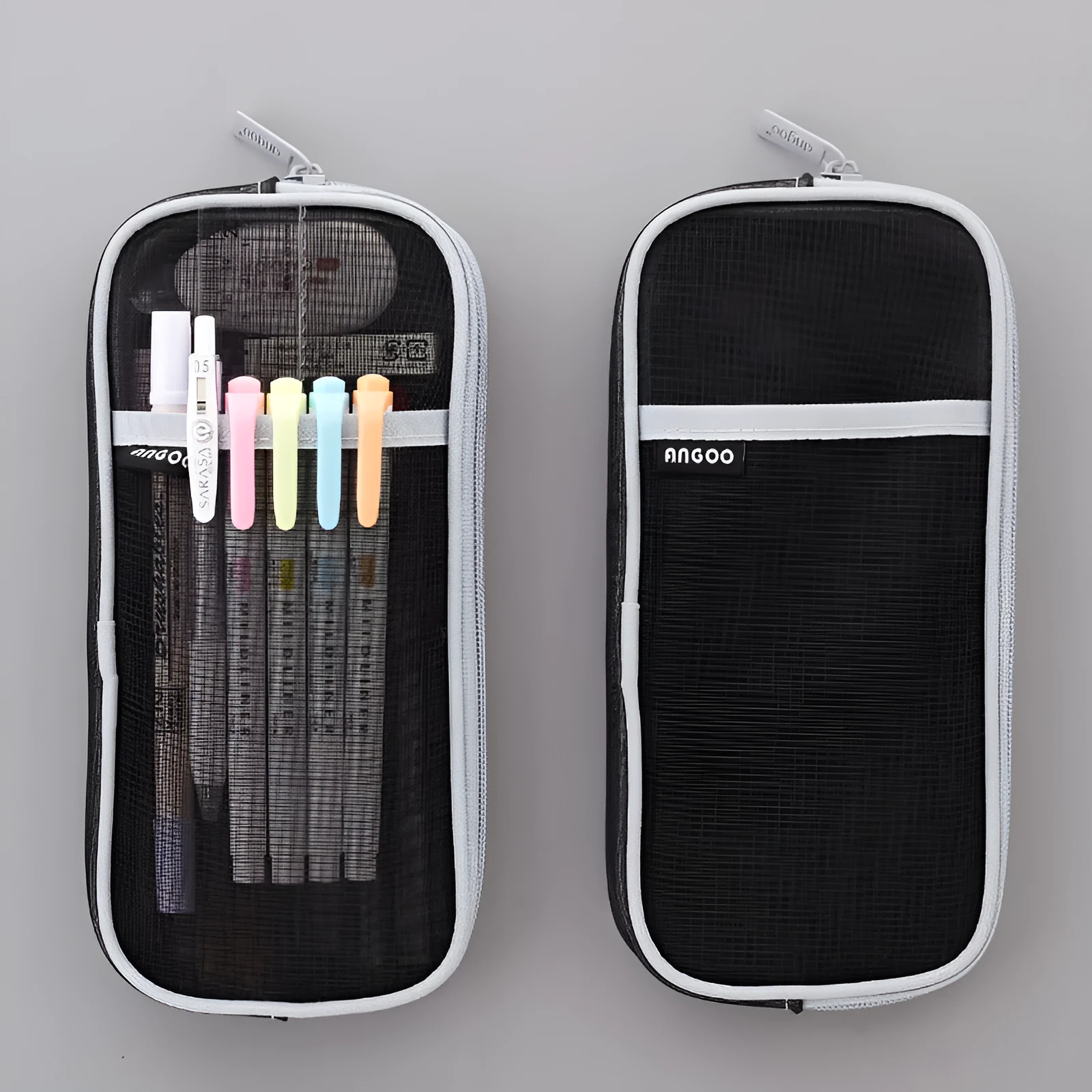 Transparent mesh stationery storage bag in square shape showing four colour options