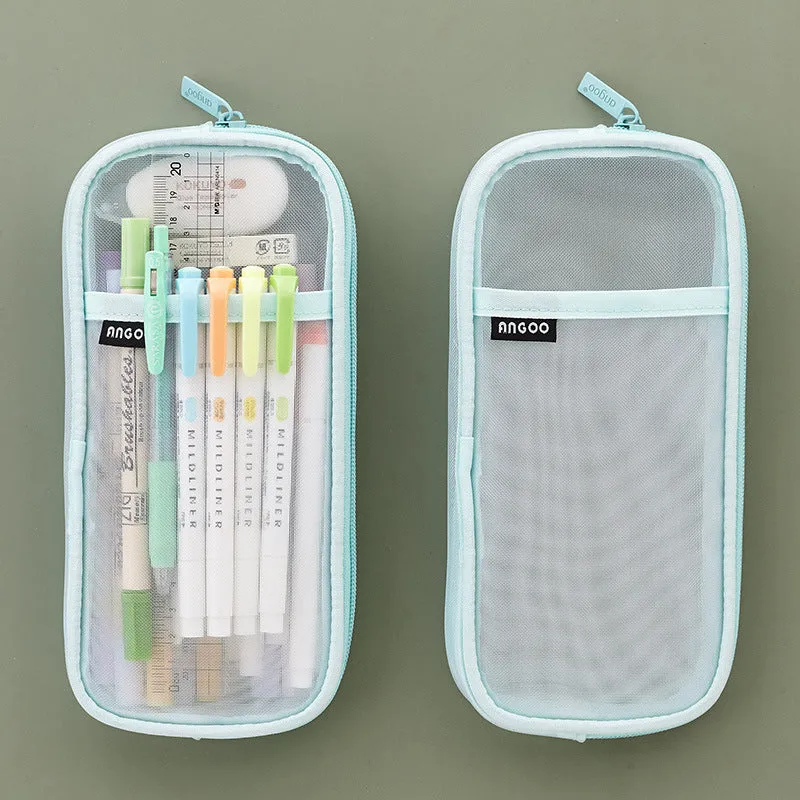 Transparent mesh stationery storage bag in square shape showing four colour options