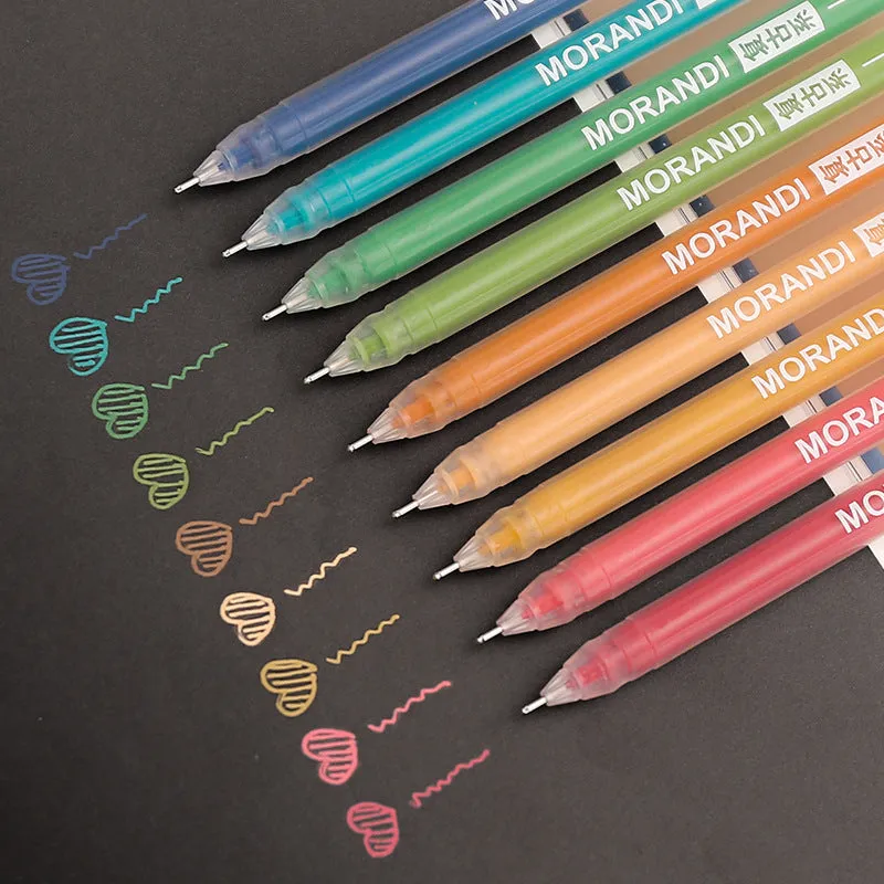 Set of nine colourful 0.5mm needle tip gel pens arranged in a box, showing Nordic, Retro, Salt, and Sweet series options.