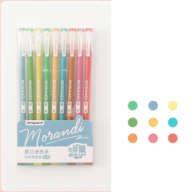Set of nine colourful 0.5mm needle tip gel pens arranged in a box, showing Nordic, Retro, Salt, and Sweet series options.