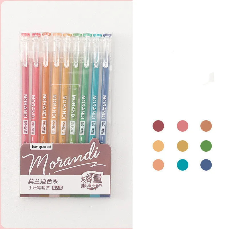 Set of nine colourful 0.5mm needle tip gel pens arranged in a box, showing Nordic, Retro, Salt, and Sweet series options.