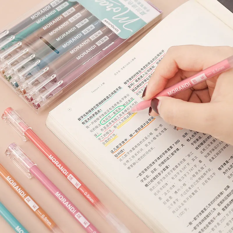 Set of nine colourful 0.5mm needle tip gel pens arranged in a box, showing Nordic, Retro, Salt, and Sweet series options.