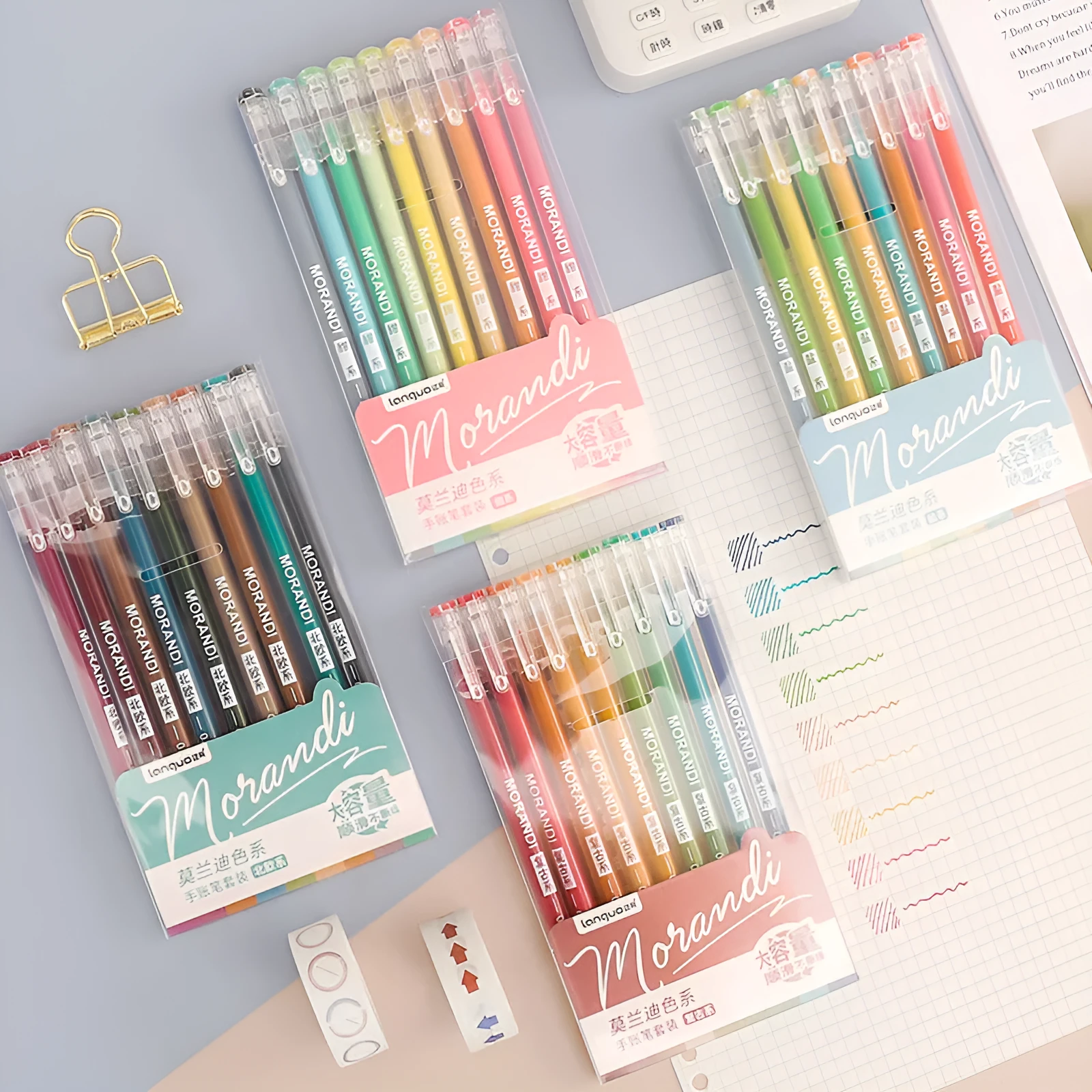 Set of nine colourful 0.5mm needle tip gel pens arranged in a box, showing Nordic, Retro, Salt, and Sweet series options.