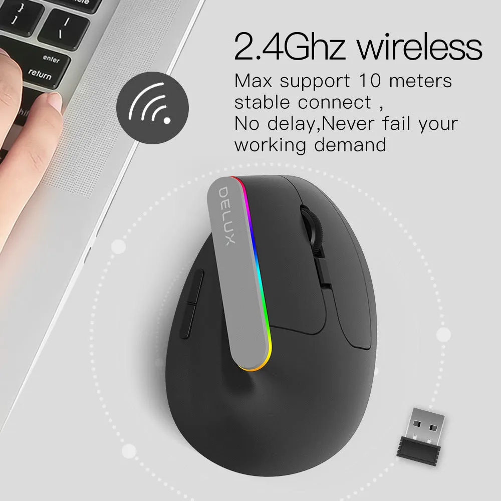 Black and white M618C wireless vertical ergonomic mouse with RGB lighting on a desk.