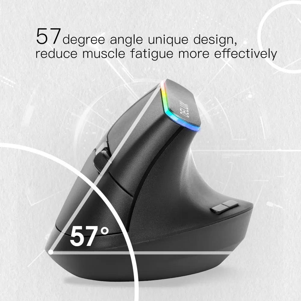 Black and white M618C wireless vertical ergonomic mouse with RGB lighting on a desk.