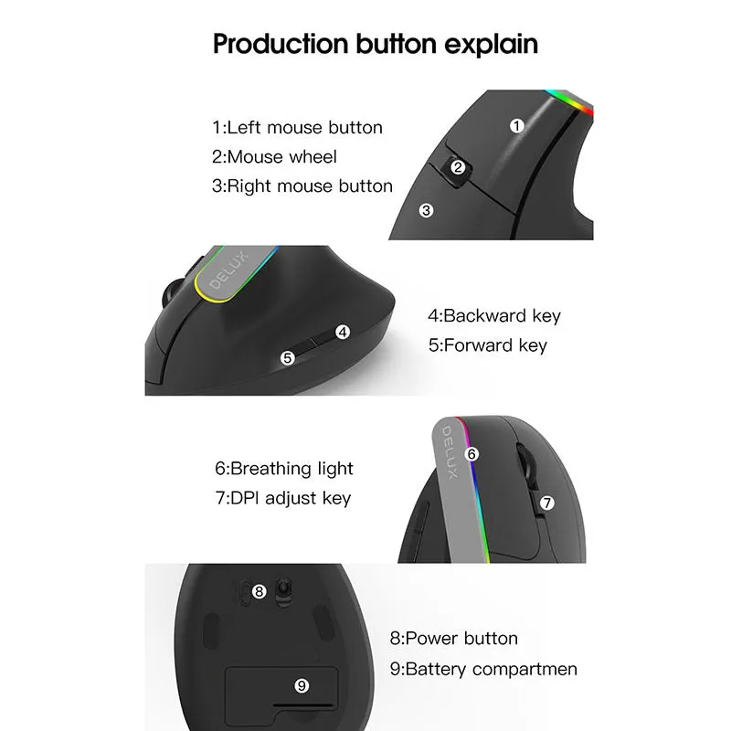 Black and white M618C wireless vertical ergonomic mouse with RGB lighting on a desk.