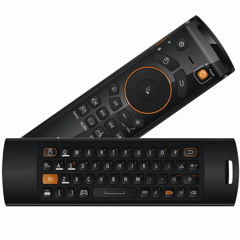 F10 Deluxe wireless air mouse in black with QWERTY keyboard and IR learning functions