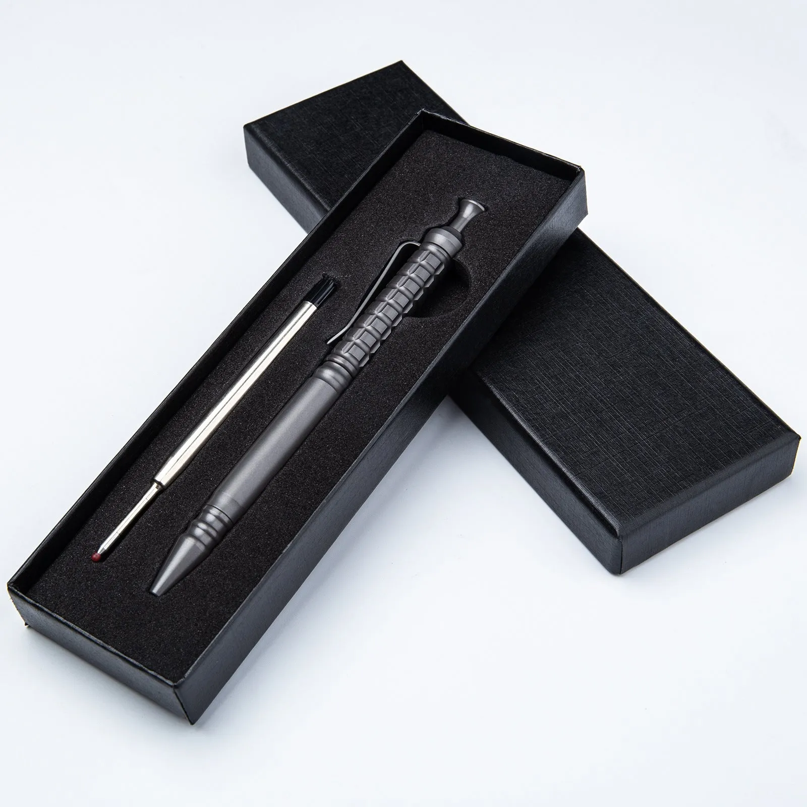 Gunmetal grey titanium tactical pen with push-action mechanism and 0.5mm nib
