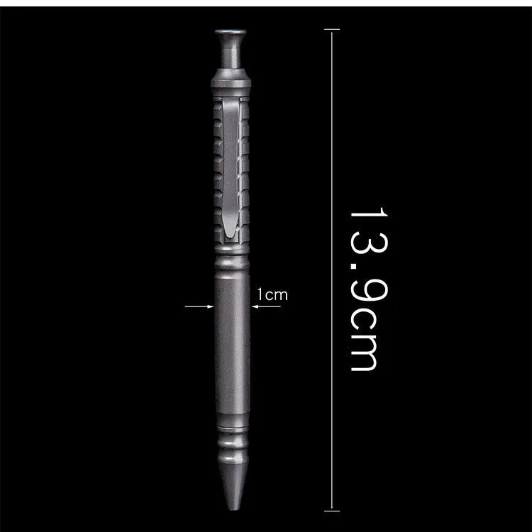 Gunmetal grey titanium tactical pen with push-action mechanism and 0.5mm nib
