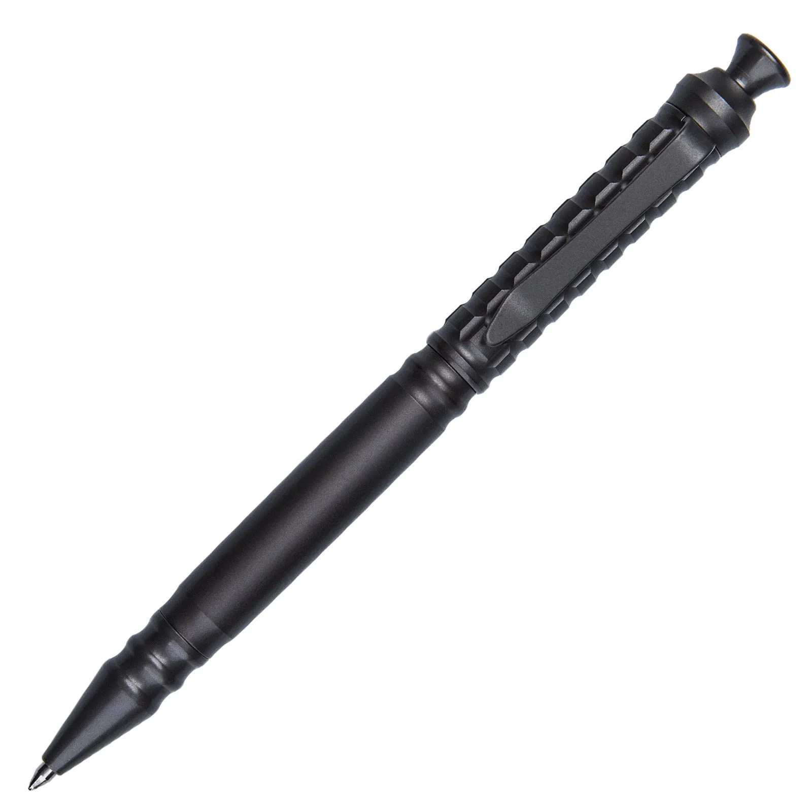 Gunmetal grey titanium tactical pen with push-action mechanism and 0.5mm nib