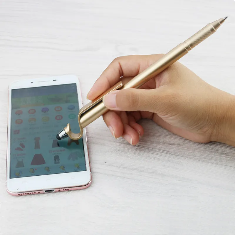 Multifunctional touchscreen pen with 0.5mm tip and mobile phone holder in corporate gift packaging