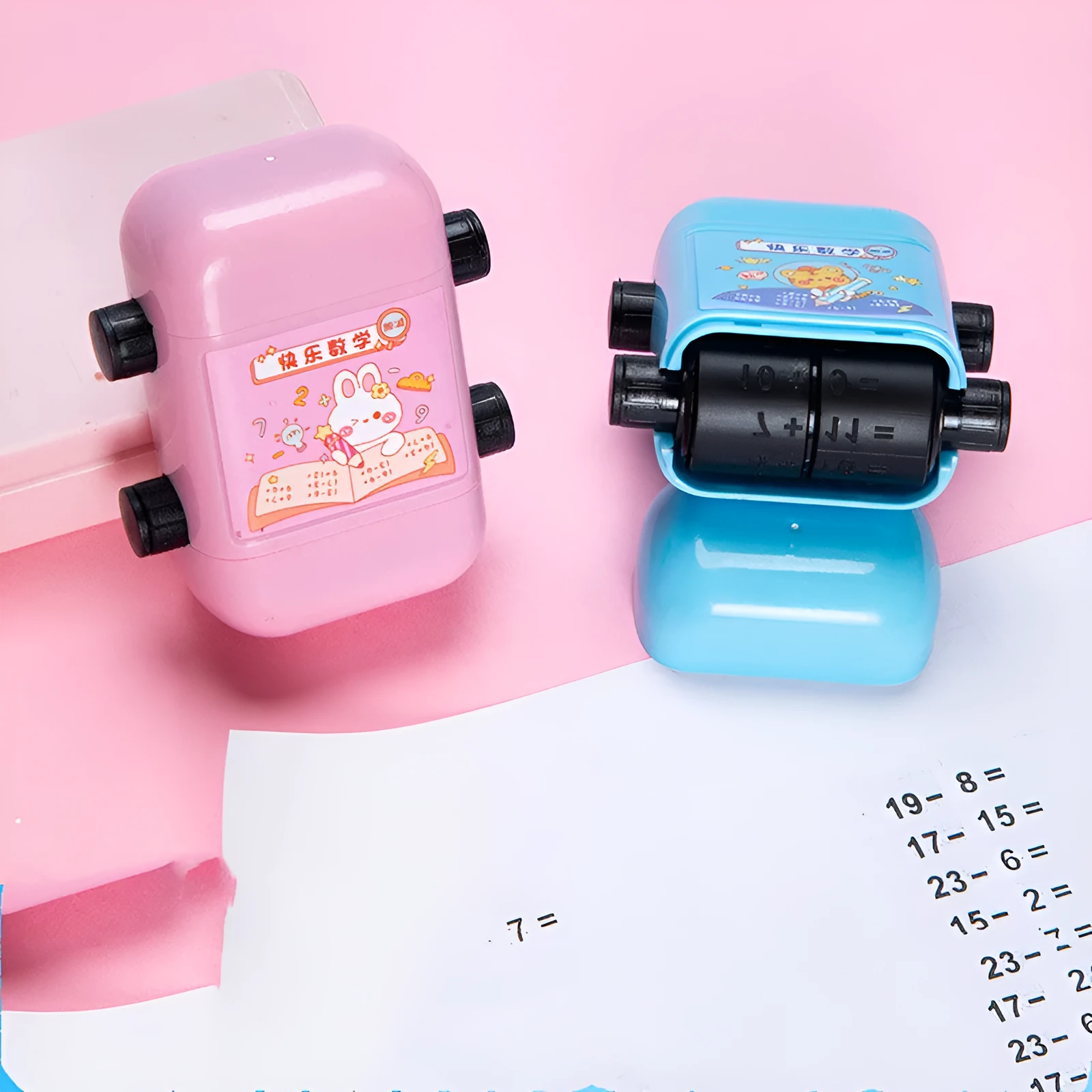 Children's educational maths practice seal set showing four colour options for arithmetic operations