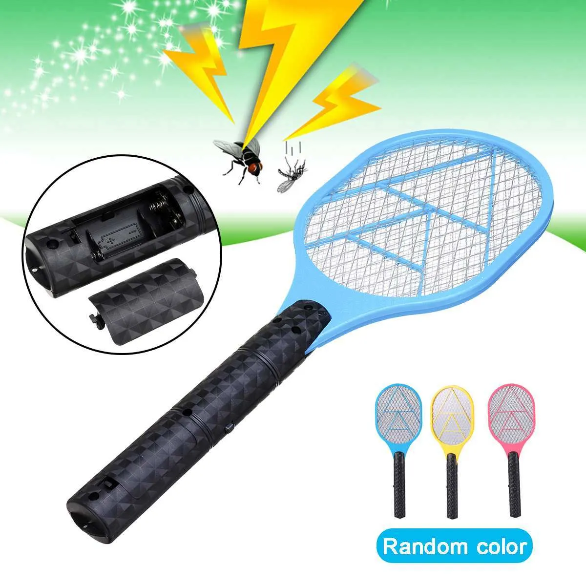 Blue battery powered electric mosquito swatter with LED light and safety guard, 45cm length