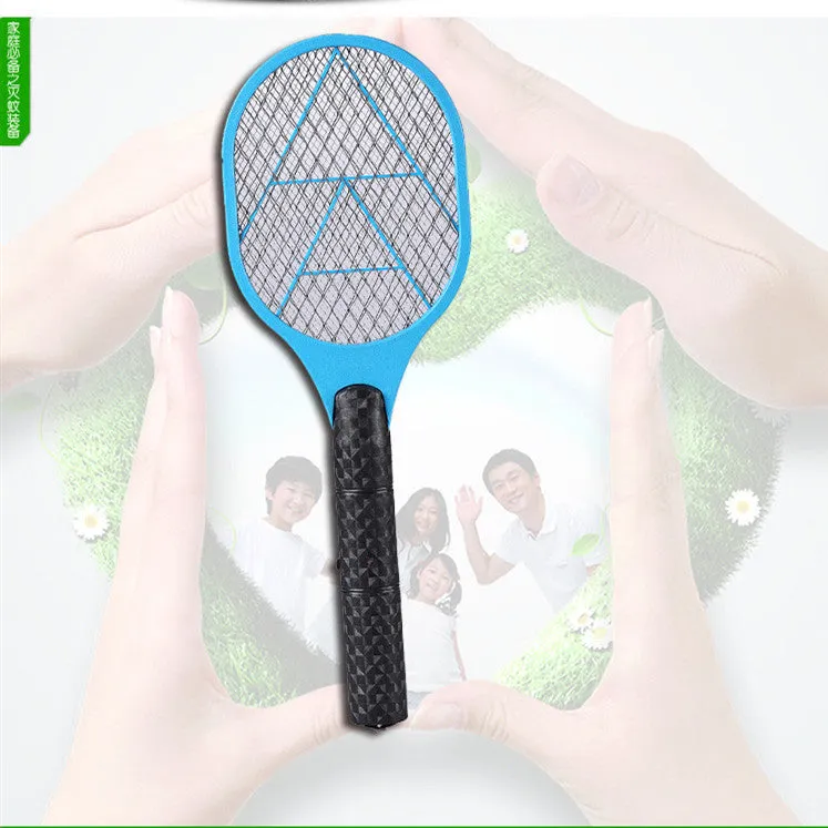 Blue battery powered electric mosquito swatter with LED light and safety guard, 45cm length