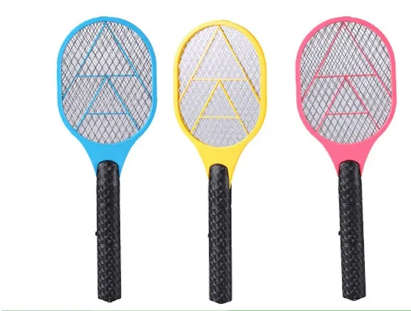 Blue battery powered electric mosquito swatter with LED light and safety guard, 45cm length