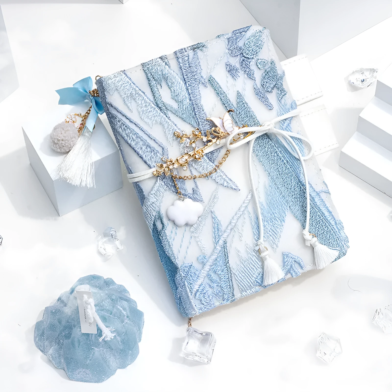 Glacier embroidery fabric notebook with grid pages in A6 or A5 sizes