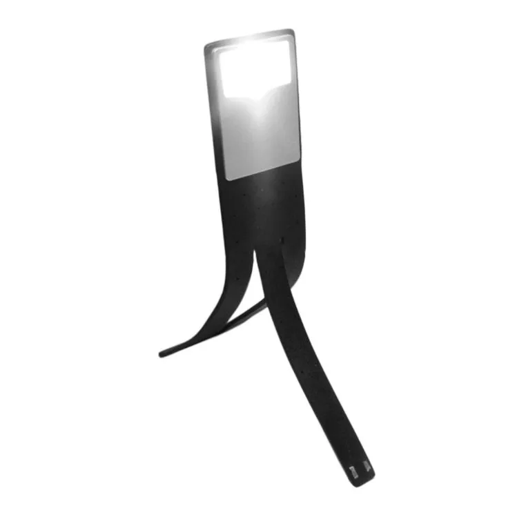 Black plastic folding LED reading lamp shown open and closed, highlighting its thin 9mm profile.