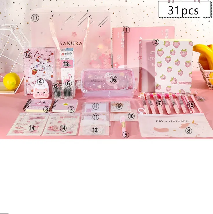 Stationery set combination gift bag with B5 A5 notebooks pens highlighters stickers bookmarks on wooden desk