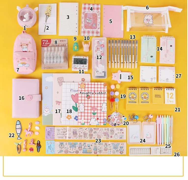Stationery set combination gift bag with B5 A5 notebooks pens highlighters stickers bookmarks on wooden desk