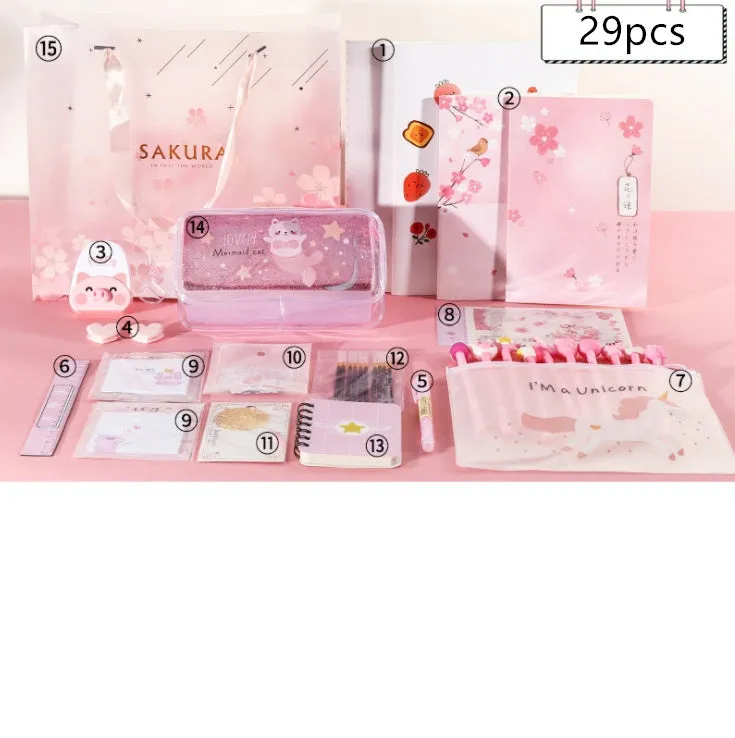 Stationery set combination gift bag with B5 A5 notebooks pens highlighters stickers bookmarks on wooden desk